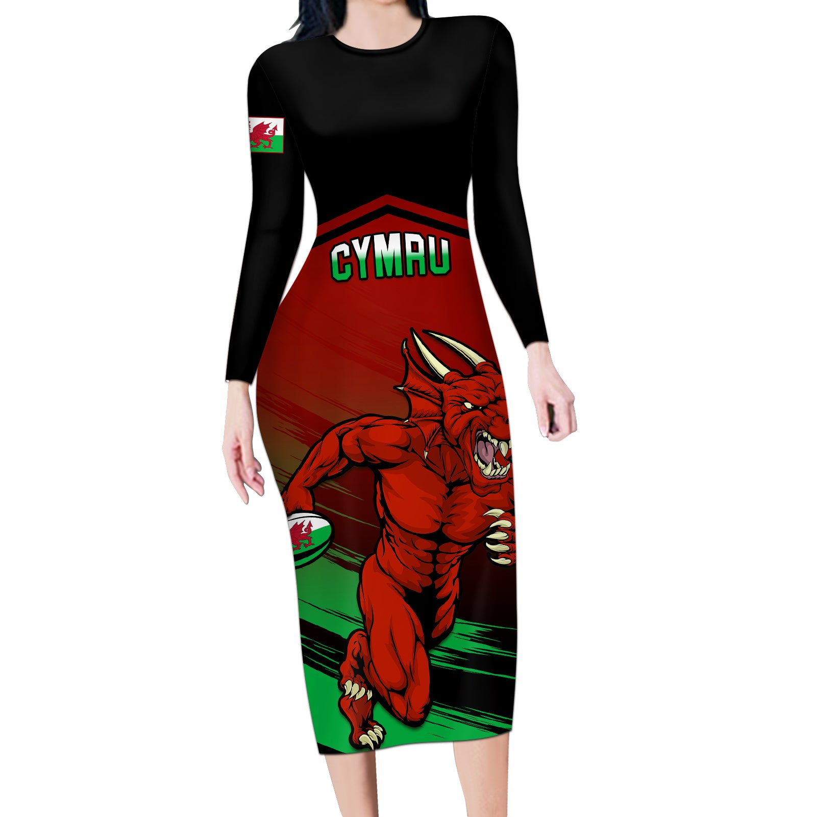 Custom Wales Rugby Long Sleeve Bodycon Dress Cymru Come On 2023 World Cup - Wonder Print Shop