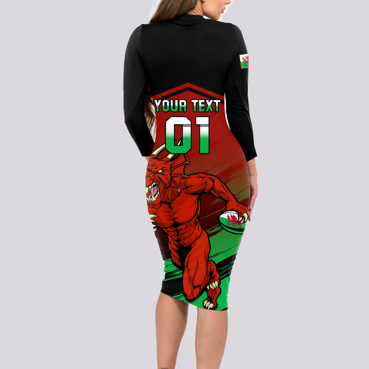 Custom Wales Rugby Long Sleeve Bodycon Dress Cymru Come On 2023 World Cup - Wonder Print Shop