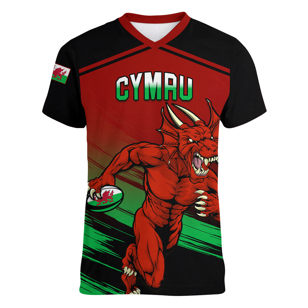 Custom Wales Rugby Women V Neck T Shirt Cymru Come On 2023 World Cup - Wonder Print Shop