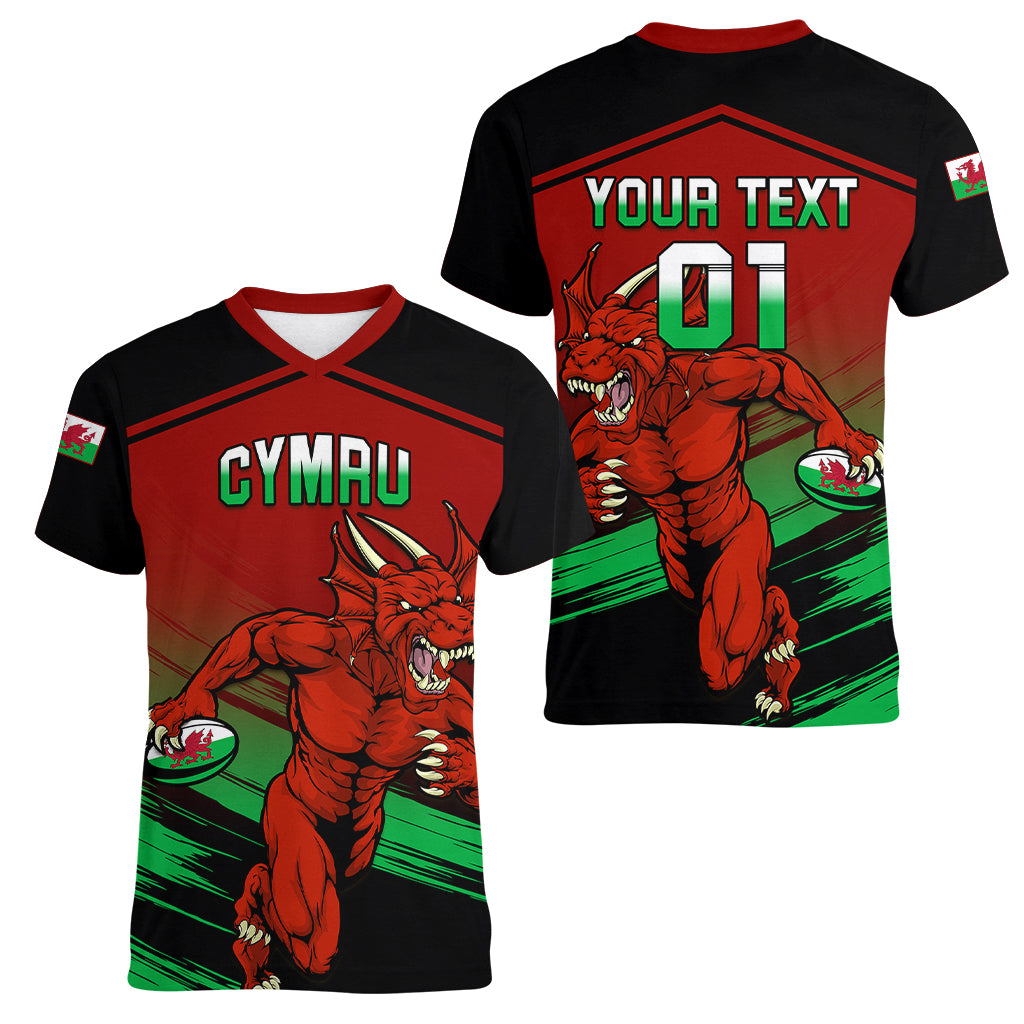 Custom Wales Rugby Women V Neck T Shirt Cymru Come On 2023 World Cup - Wonder Print Shop