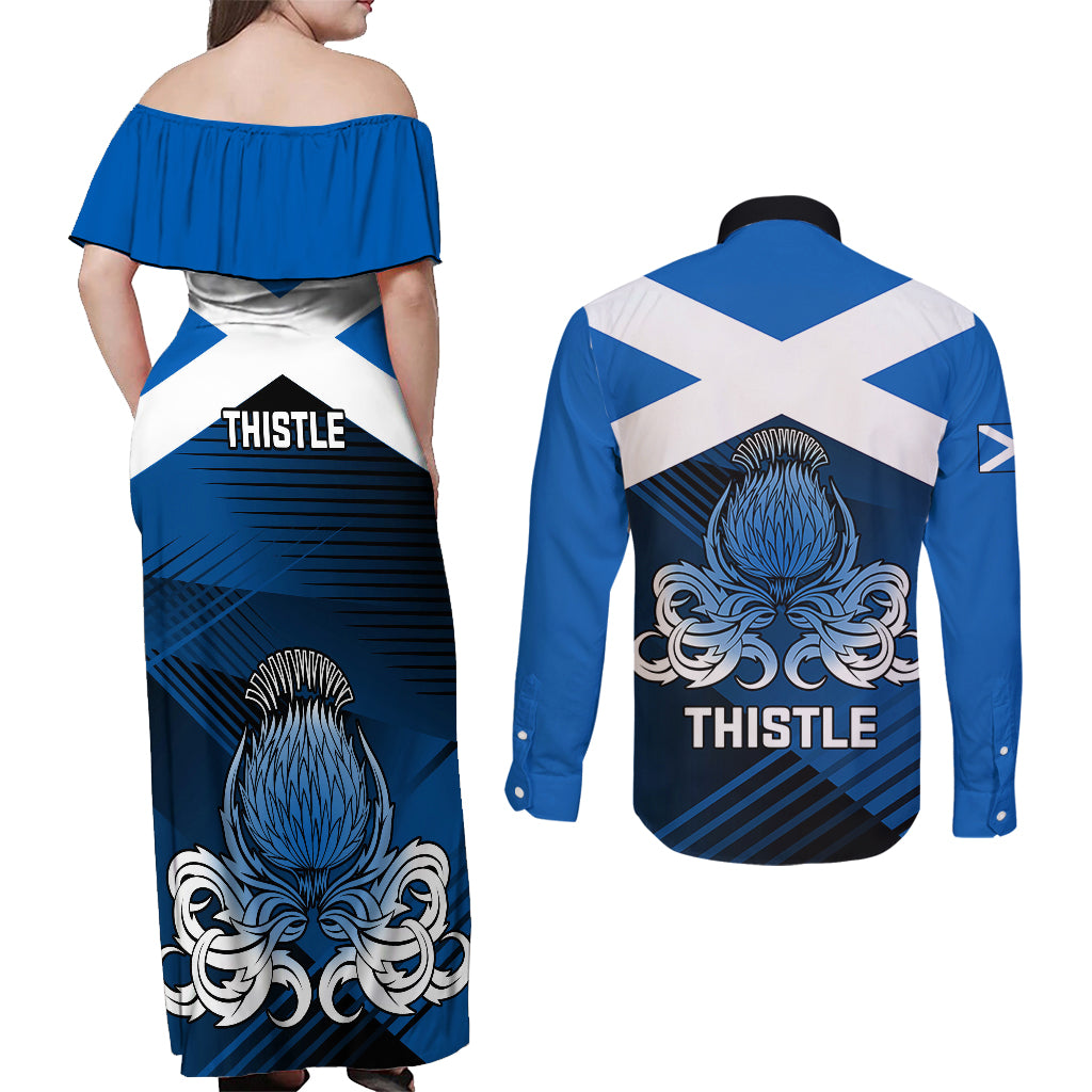 Scotland Rugby Couples Matching Off Shoulder Maxi Dress and Long Sleeve Button Shirts Thistle Go 2023 World Cup - Wonder Print Shop