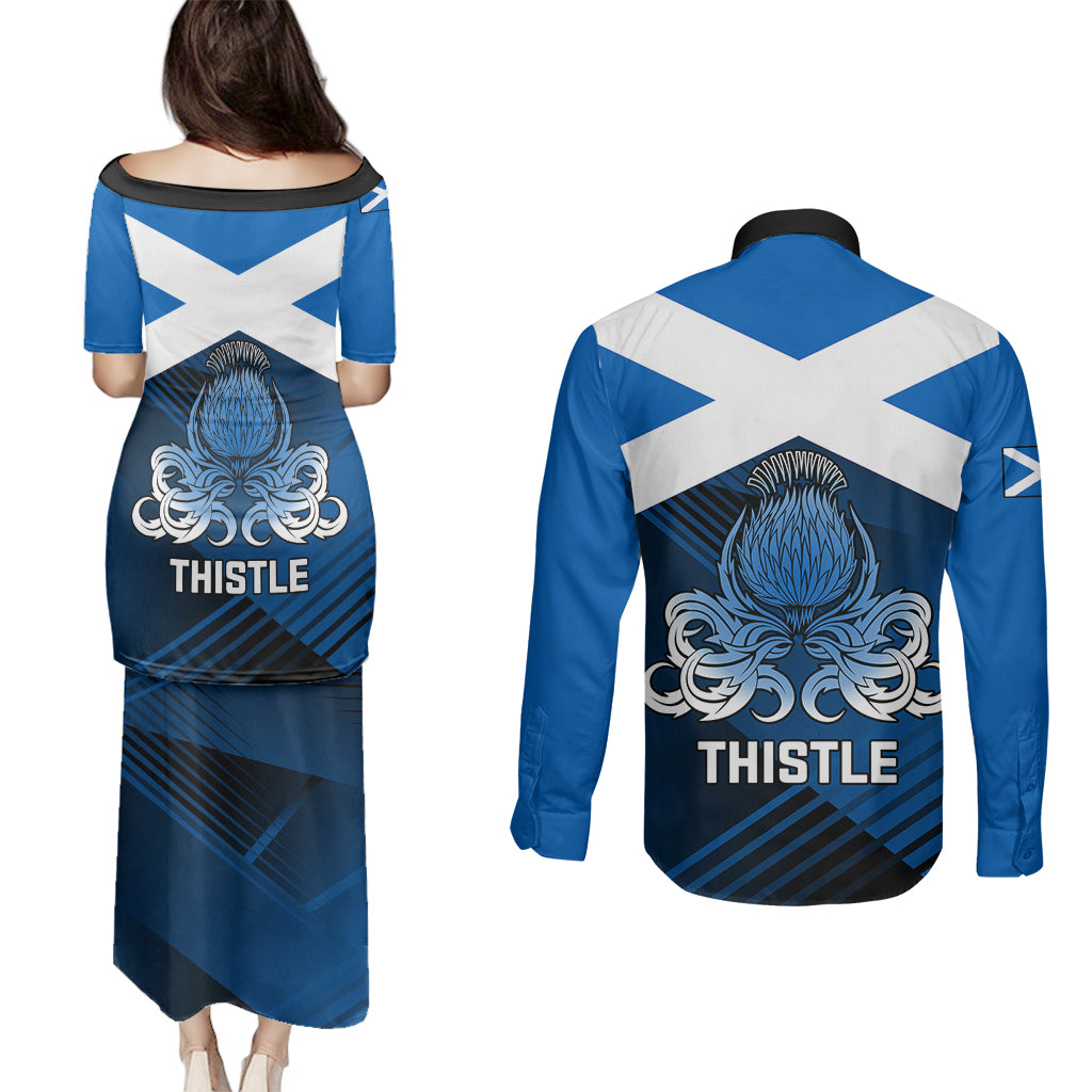 Scotland Rugby Couples Matching Puletasi Dress and Long Sleeve Button Shirts Thistle Go 2023 World Cup - Wonder Print Shop