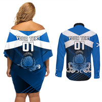 Custom Scotland Rugby Couples Matching Off Shoulder Short Dress and Long Sleeve Button Shirts Thistle Go 2023 World Cup - Wonder Print Shop
