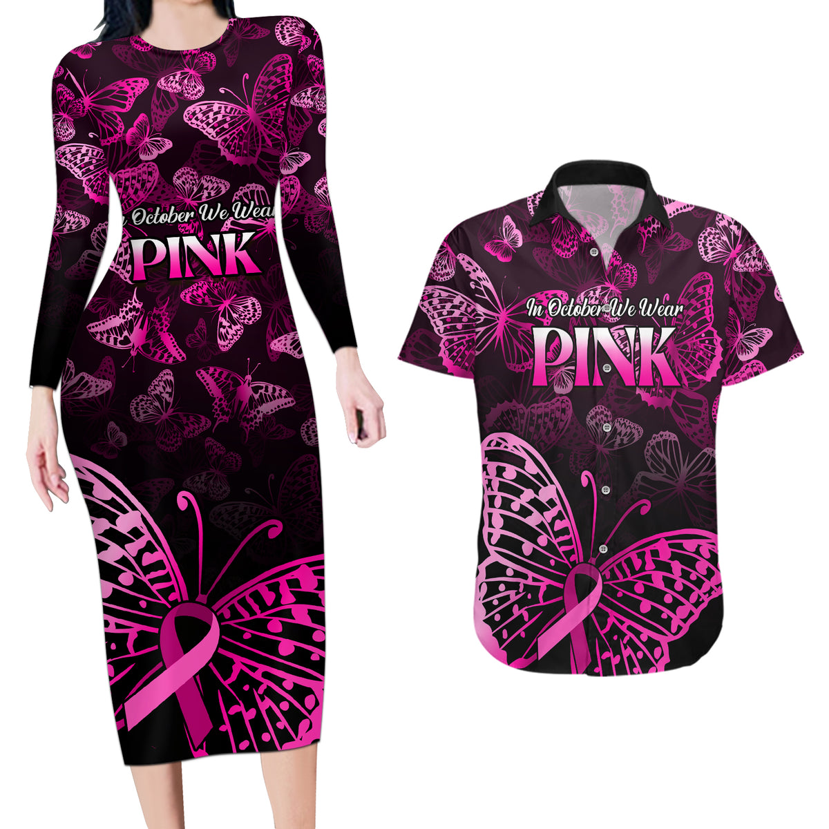 Personalised In October We Wear Pink Couples Matching Long Sleeve Bodycon Dress and Hawaiian Shirt Breast Cancer Awareness - Wonder Print Shop