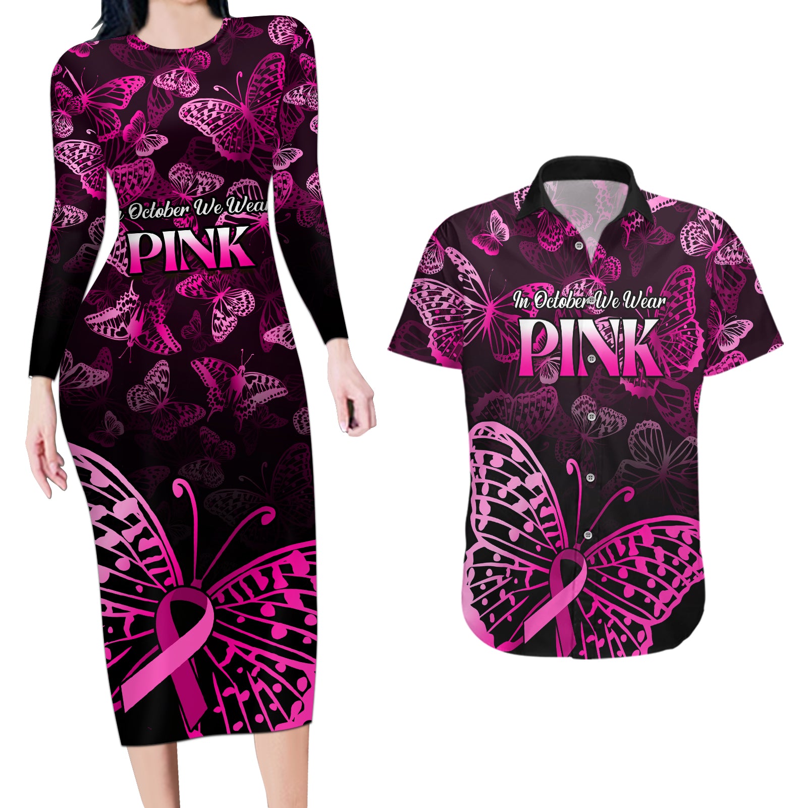 Personalised In October We Wear Pink Couples Matching Long Sleeve Bodycon Dress and Hawaiian Shirt Breast Cancer Awareness - Wonder Print Shop