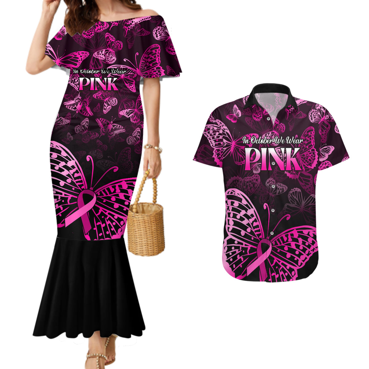 Personalised In October We Wear Pink Couples Matching Mermaid Dress and Hawaiian Shirt Breast Cancer Awareness - Wonder Print Shop