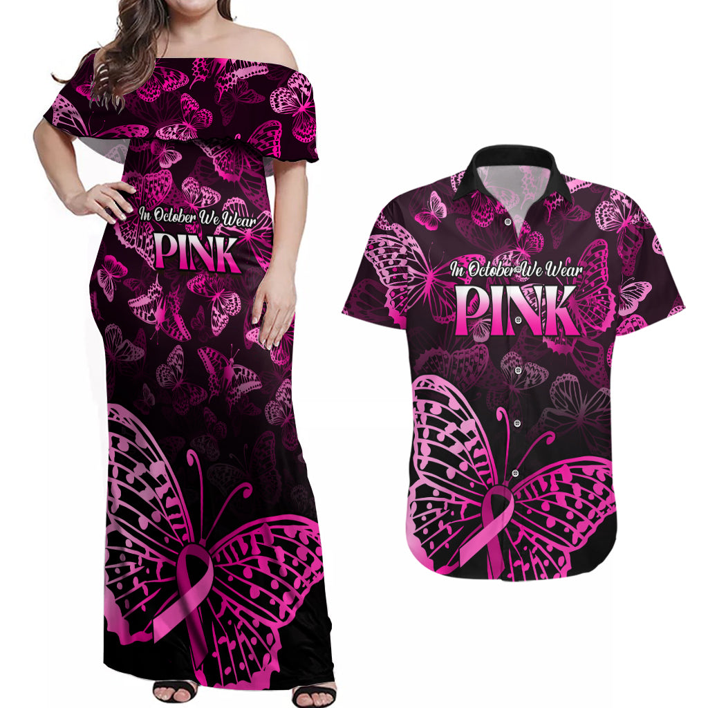 Personalised In October We Wear Pink Couples Matching Off Shoulder Maxi Dress and Hawaiian Shirt Breast Cancer Awareness - Wonder Print Shop