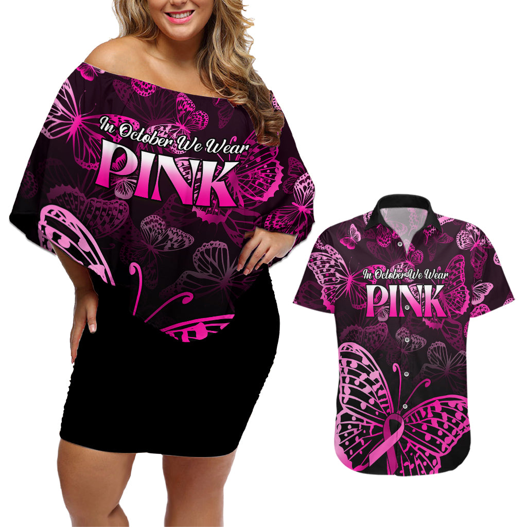 Personalised In October We Wear Pink Couples Matching Off Shoulder Short Dress and Hawaiian Shirt Breast Cancer Awareness - Wonder Print Shop