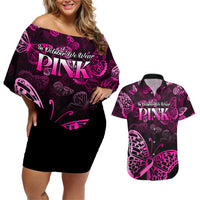 Personalised In October We Wear Pink Couples Matching Off Shoulder Short Dress and Hawaiian Shirt Breast Cancer Awareness - Wonder Print Shop