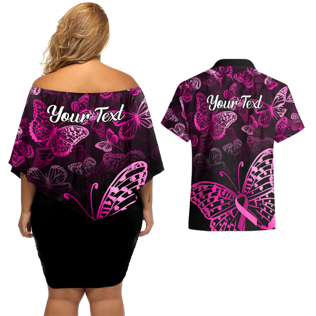 Personalised In October We Wear Pink Couples Matching Off Shoulder Short Dress and Hawaiian Shirt Breast Cancer Awareness - Wonder Print Shop