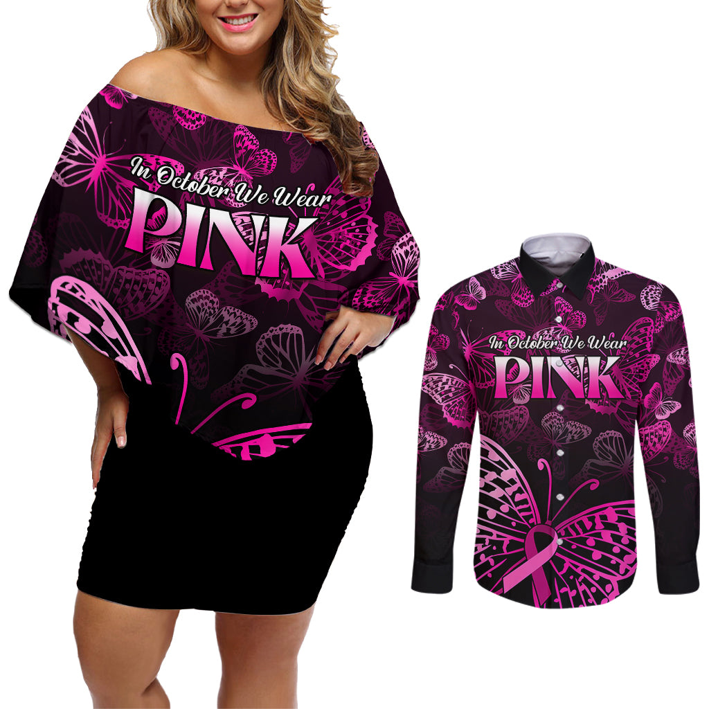 Personalised In October We Wear Pink Couples Matching Off Shoulder Short Dress and Long Sleeve Button Shirts Breast Cancer Awareness - Wonder Print Shop