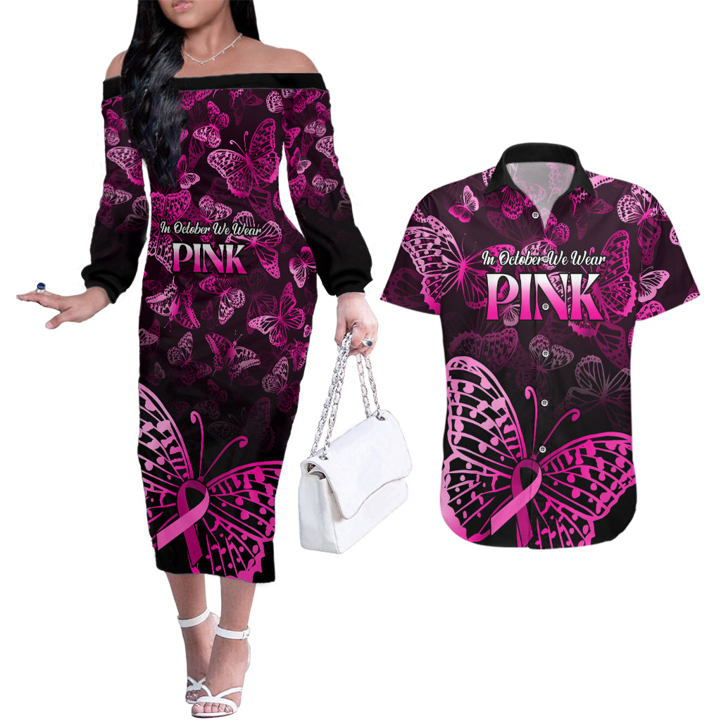 Personalised In October We Wear Pink Couples Matching Off The Shoulder Long Sleeve Dress and Hawaiian Shirt Breast Cancer Awareness - Wonder Print Shop