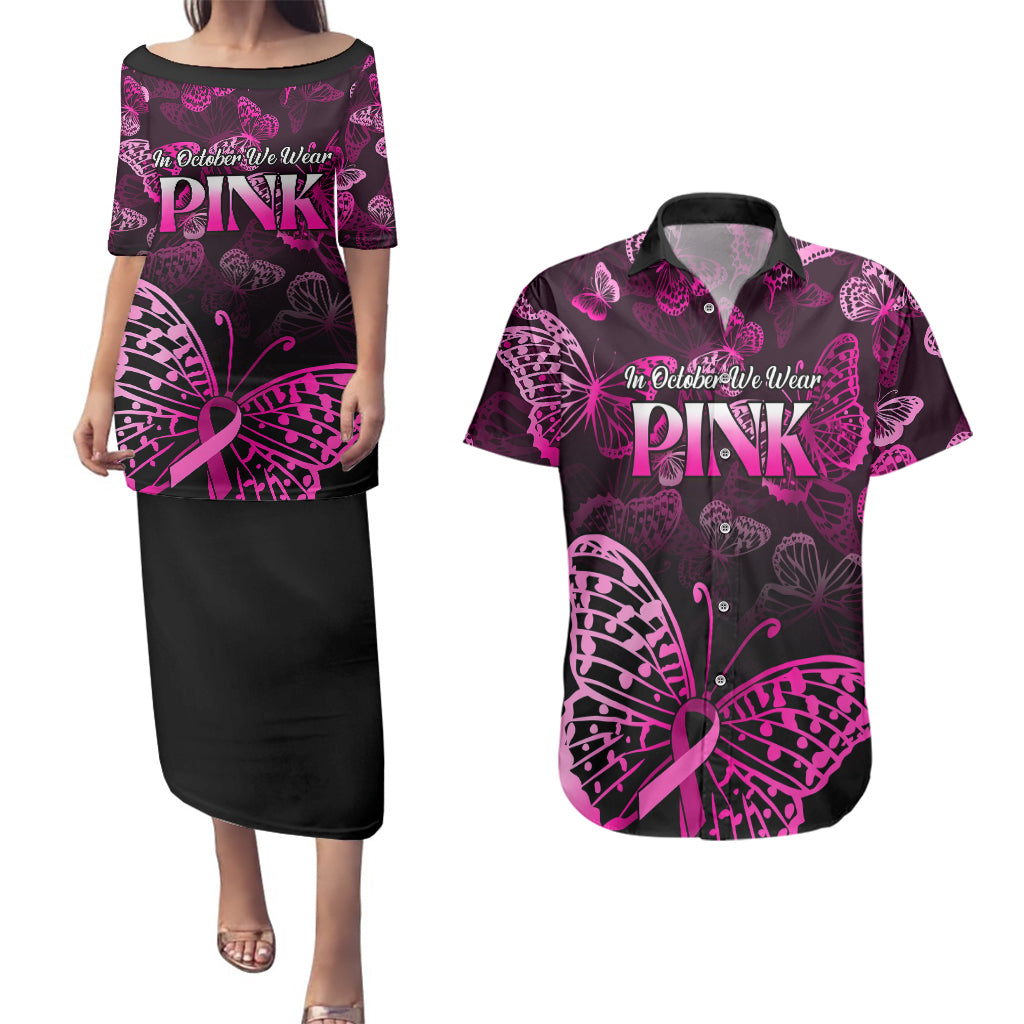 Personalised In October We Wear Pink Couples Matching Puletasi Dress and Hawaiian Shirt Breast Cancer Awareness - Wonder Print Shop
