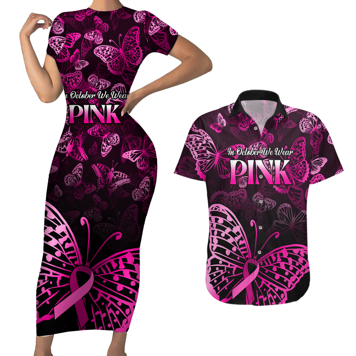 Personalised In October We Wear Pink Couples Matching Short Sleeve Bodycon Dress and Hawaiian Shirt Breast Cancer Awareness - Wonder Print Shop