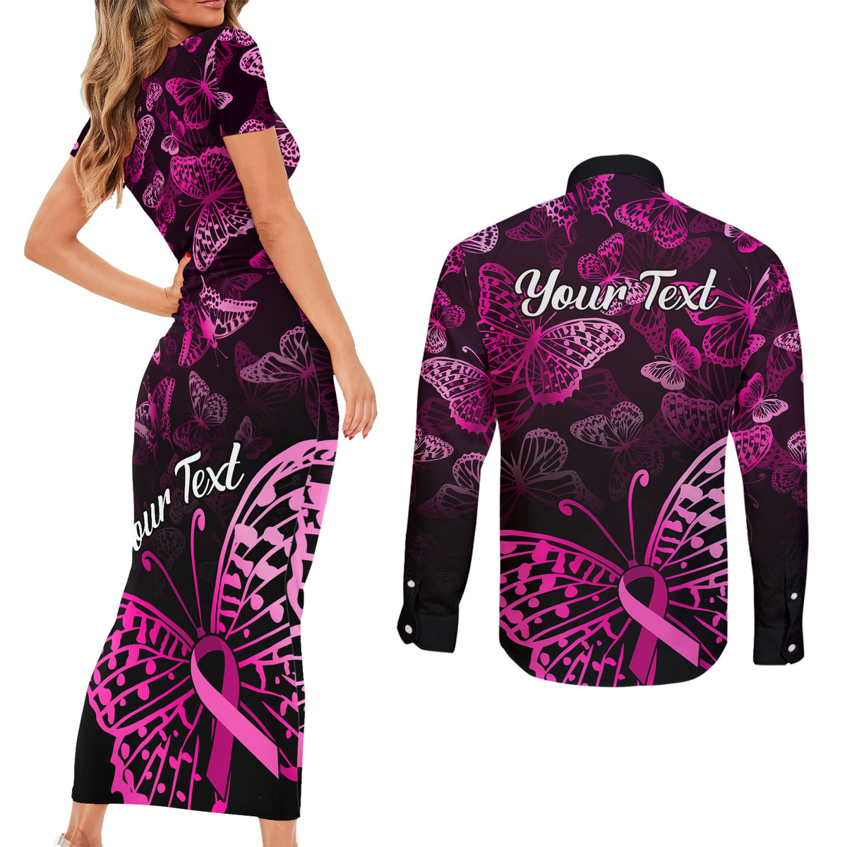 Personalised In October We Wear Pink Couples Matching Short Sleeve Bodycon Dress and Long Sleeve Button Shirts Breast Cancer Awareness - Wonder Print Shop
