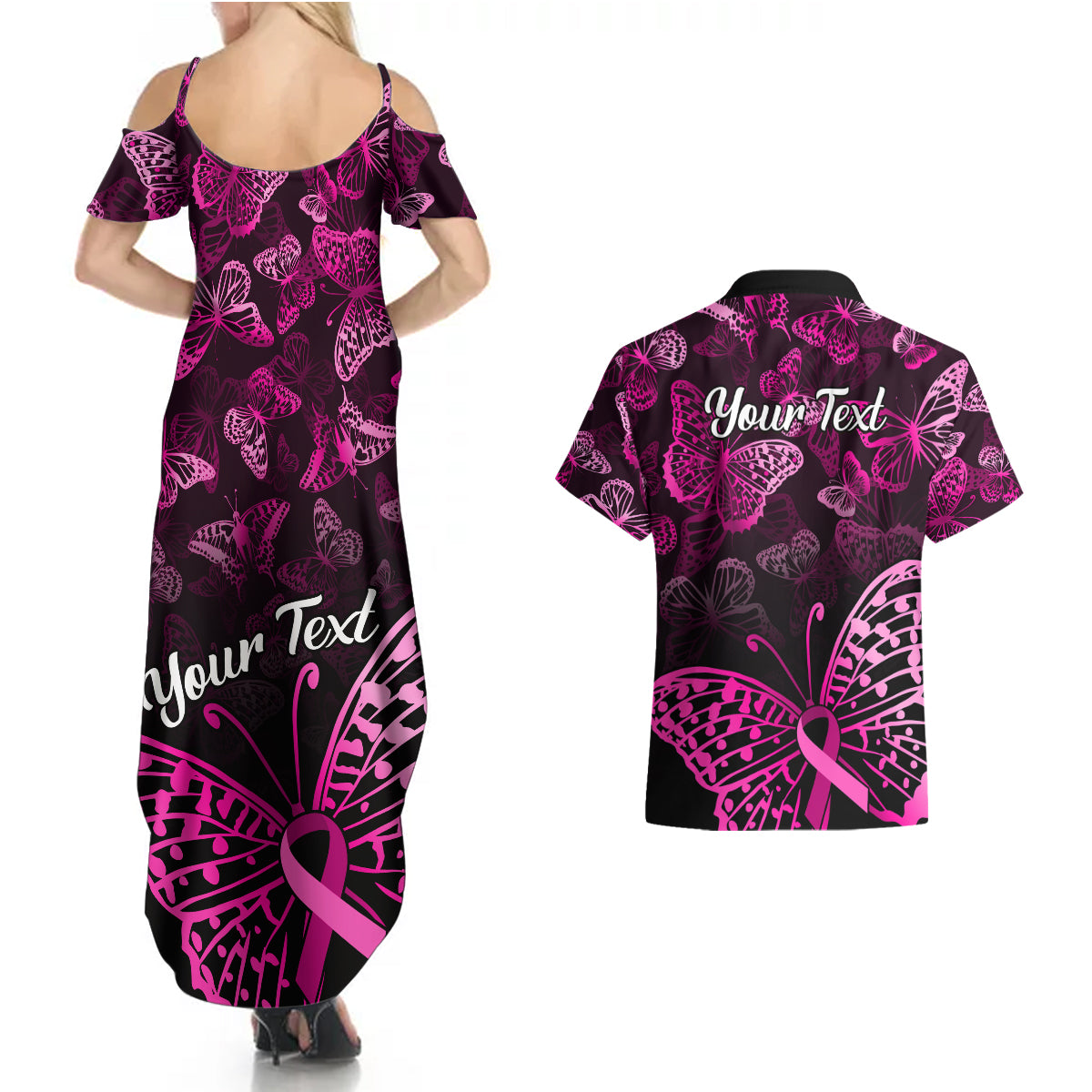 Personalised In October We Wear Pink Couples Matching Summer Maxi Dress and Hawaiian Shirt Breast Cancer Awareness - Wonder Print Shop