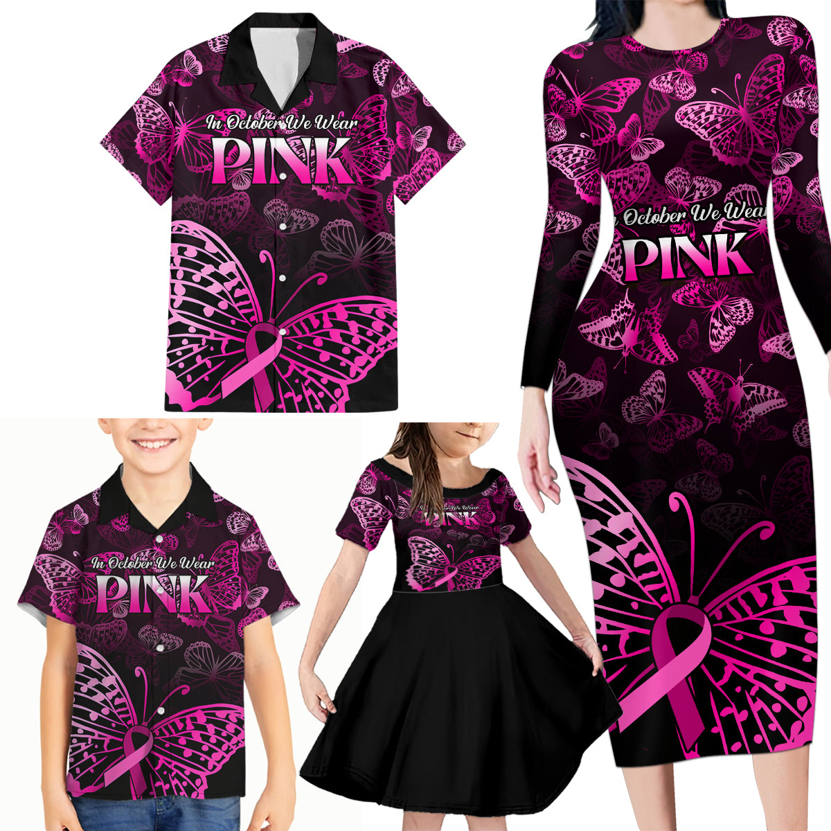 Personalised In October We Wear Pink Family Matching Long Sleeve Bodycon Dress and Hawaiian Shirt Breast Cancer Awareness - Wonder Print Shop