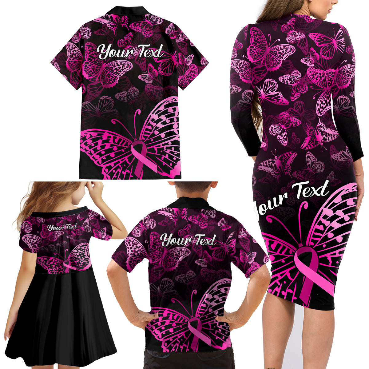 Personalised In October We Wear Pink Family Matching Long Sleeve Bodycon Dress and Hawaiian Shirt Breast Cancer Awareness - Wonder Print Shop