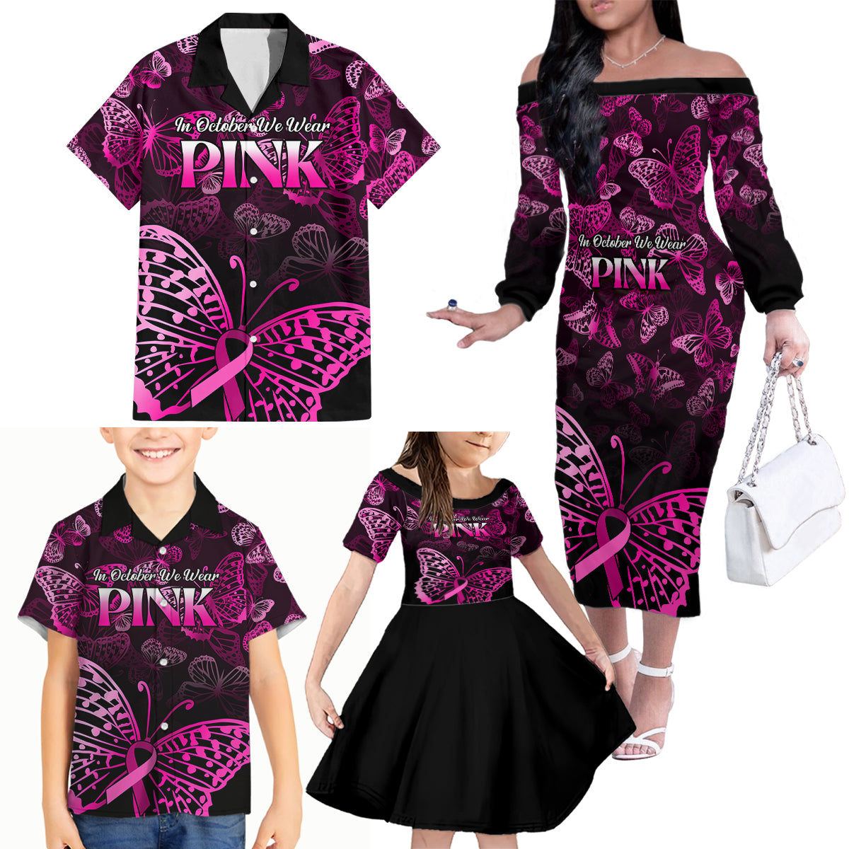 Personalised In October We Wear Pink Family Matching Off Shoulder Long Sleeve Dress and Hawaiian Shirt Breast Cancer Awareness - Wonder Print Shop