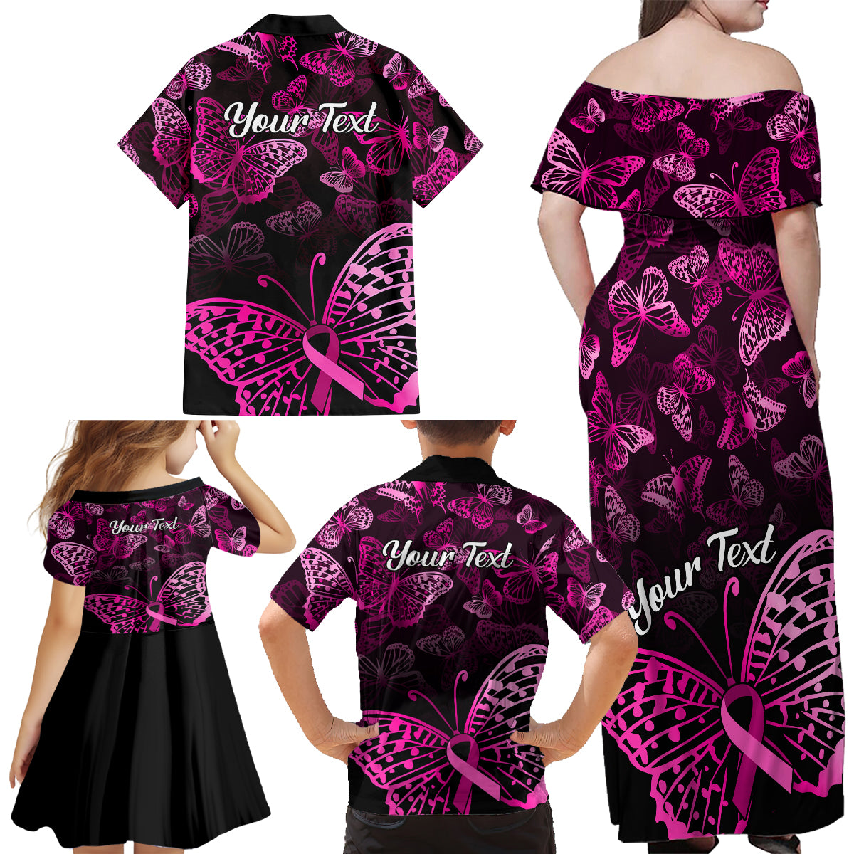 Personalised In October We Wear Pink Family Matching Off Shoulder Long Sleeve Dress and Hawaiian Shirt Breast Cancer Awareness - Wonder Print Shop