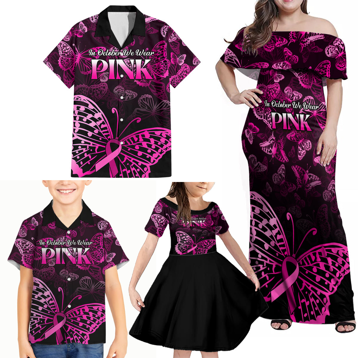 Personalised In October We Wear Pink Family Matching Off Shoulder Maxi Dress and Hawaiian Shirt Breast Cancer Awareness - Wonder Print Shop