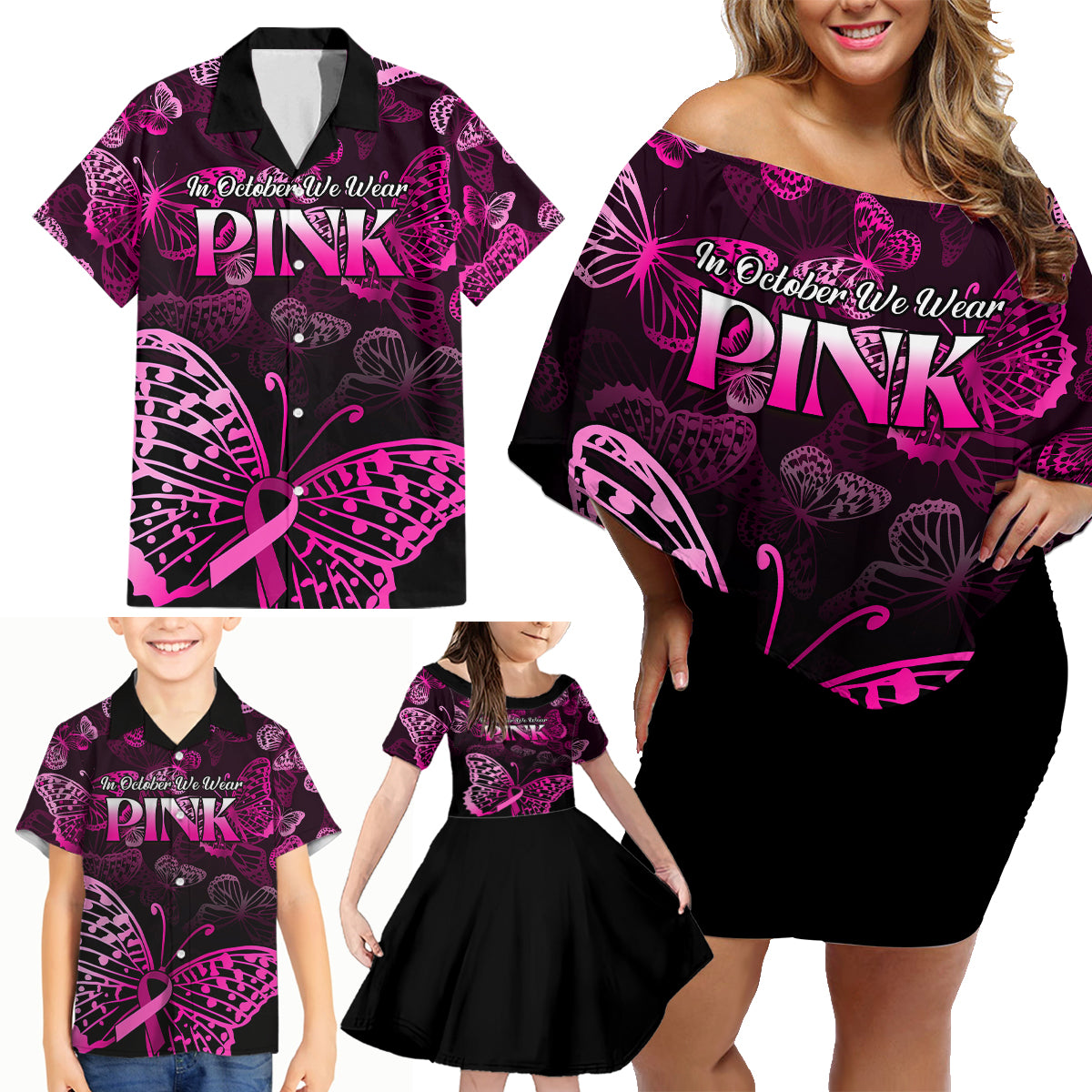 Personalised In October We Wear Pink Family Matching Off Shoulder Short Dress and Hawaiian Shirt Breast Cancer Awareness - Wonder Print Shop