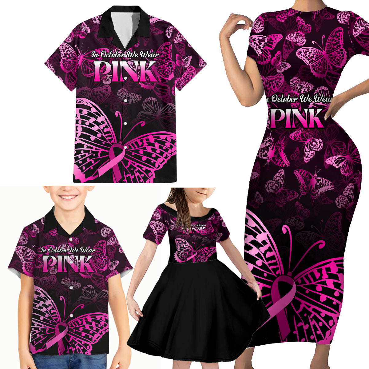 Personalised In October We Wear Pink Family Matching Short Sleeve Bodycon Dress and Hawaiian Shirt Breast Cancer Awareness - Wonder Print Shop