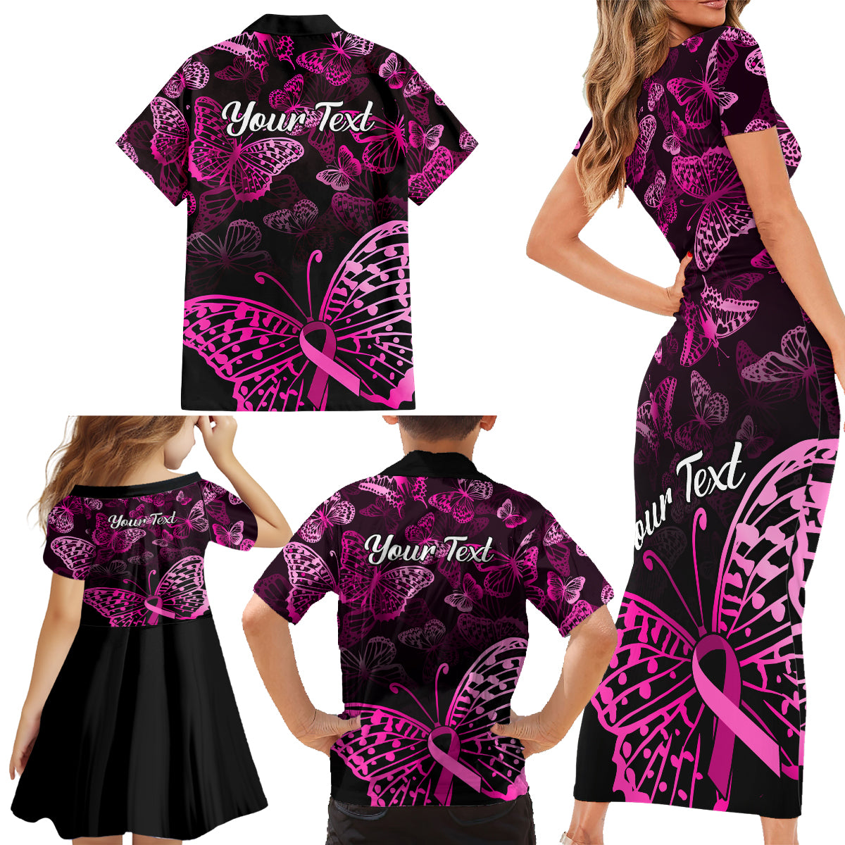 Personalised In October We Wear Pink Family Matching Short Sleeve Bodycon Dress and Hawaiian Shirt Breast Cancer Awareness - Wonder Print Shop