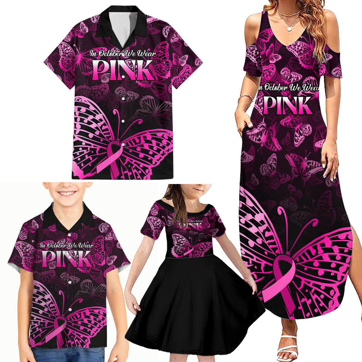 Personalised In October We Wear Pink Family Matching Summer Maxi Dress and Hawaiian Shirt Breast Cancer Awareness - Wonder Print Shop