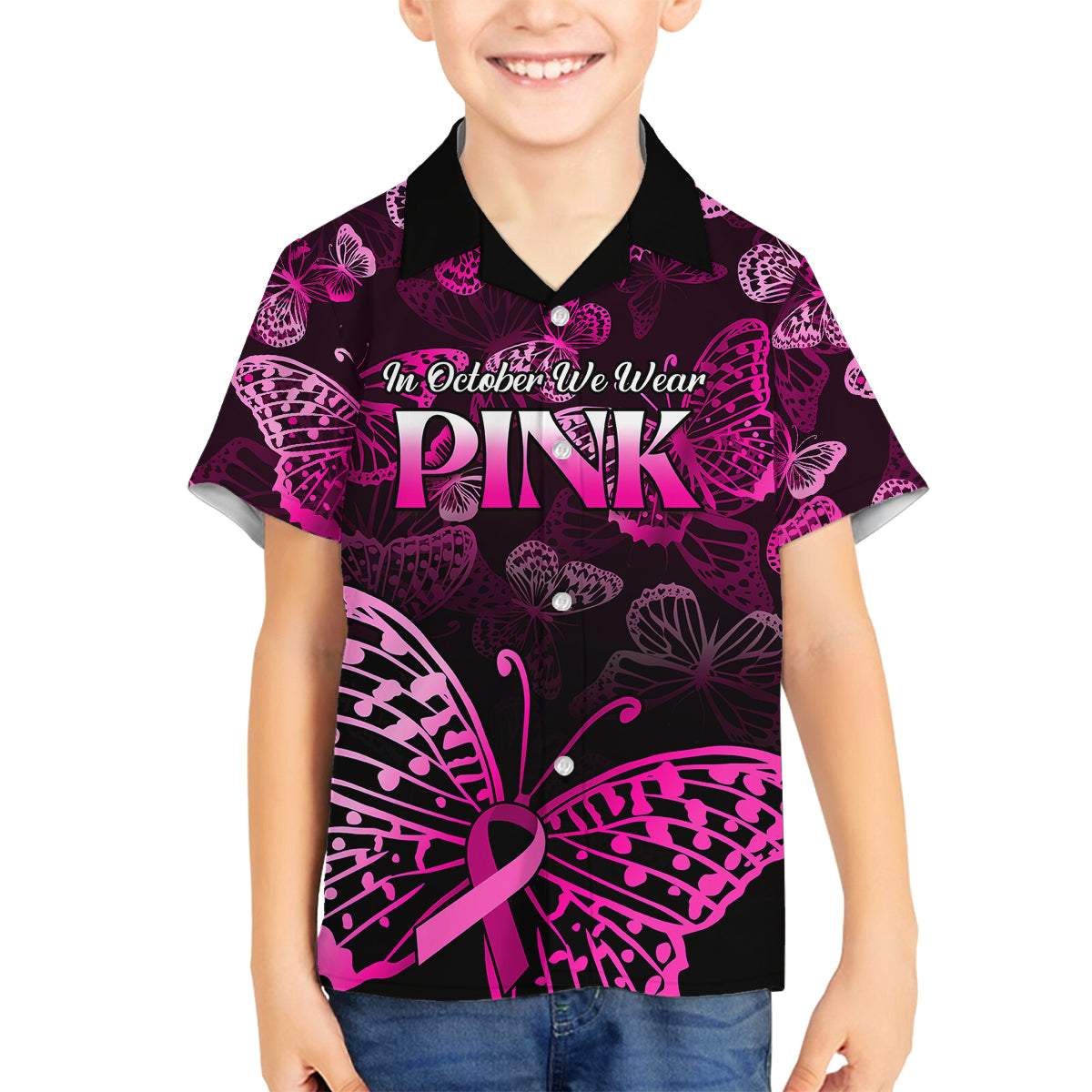 Personalised In October We Wear Pink Kid Hawaiian Shirt Breast Cancer Awareness - Wonder Print Shop