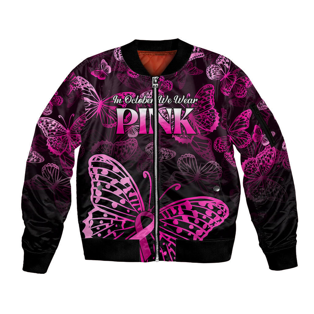 Personalised In October We Wear Pink Sleeve Zip Bomber Jacket Breast Cancer Awareness - Wonder Print Shop