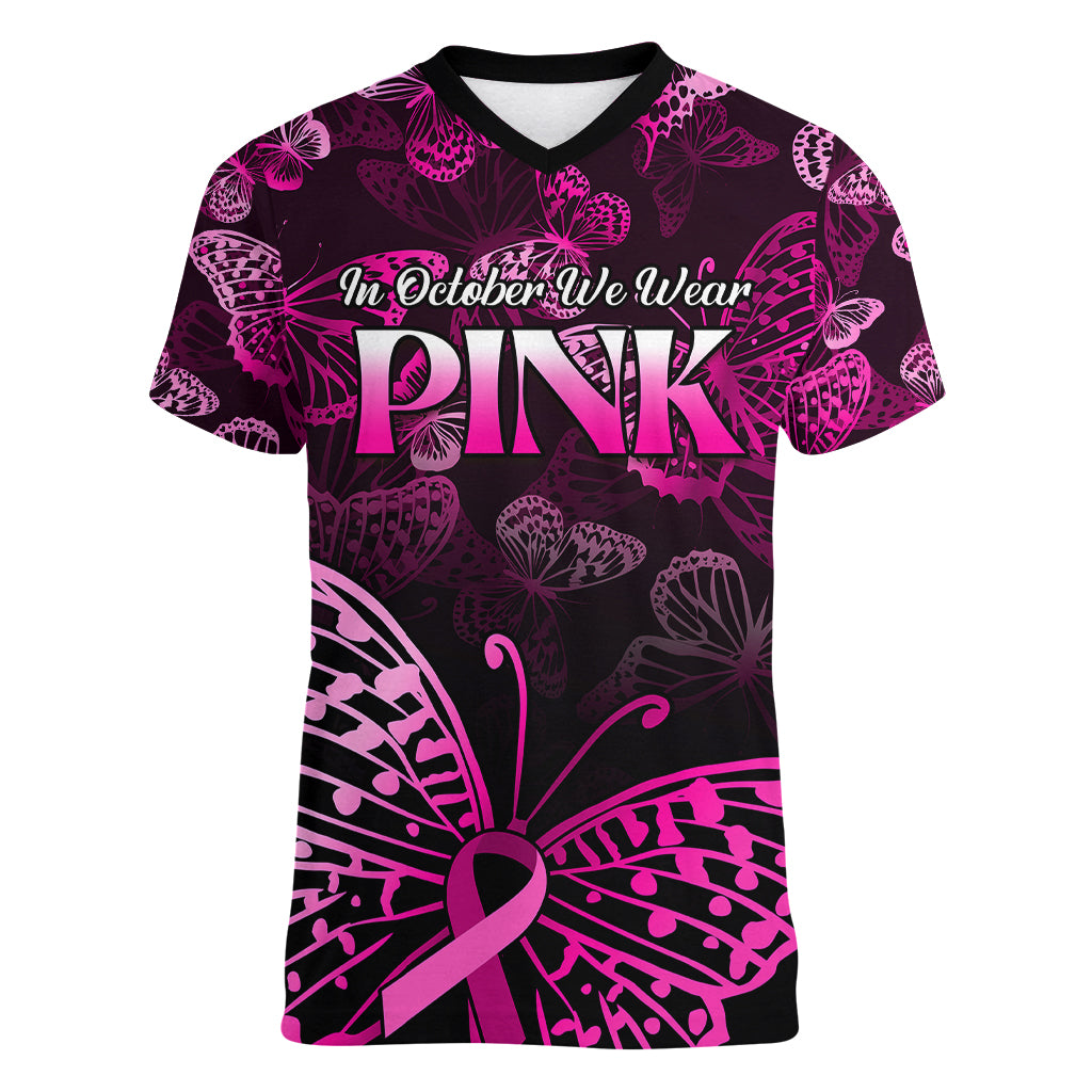 Personalised In October We Wear Pink Women V Neck T Shirt Breast Cancer Awareness - Wonder Print Shop