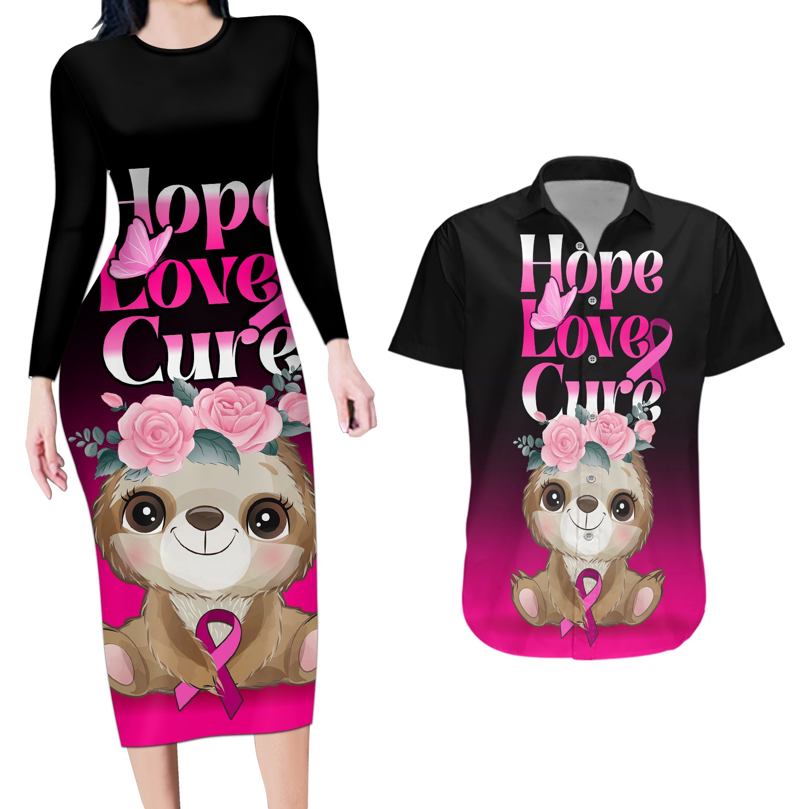 Personalised Hope Love Cure Couples Matching Long Sleeve Bodycon Dress and Hawaiian Shirt Sloth Breast Cancer Awareness - Wonder Print Shop
