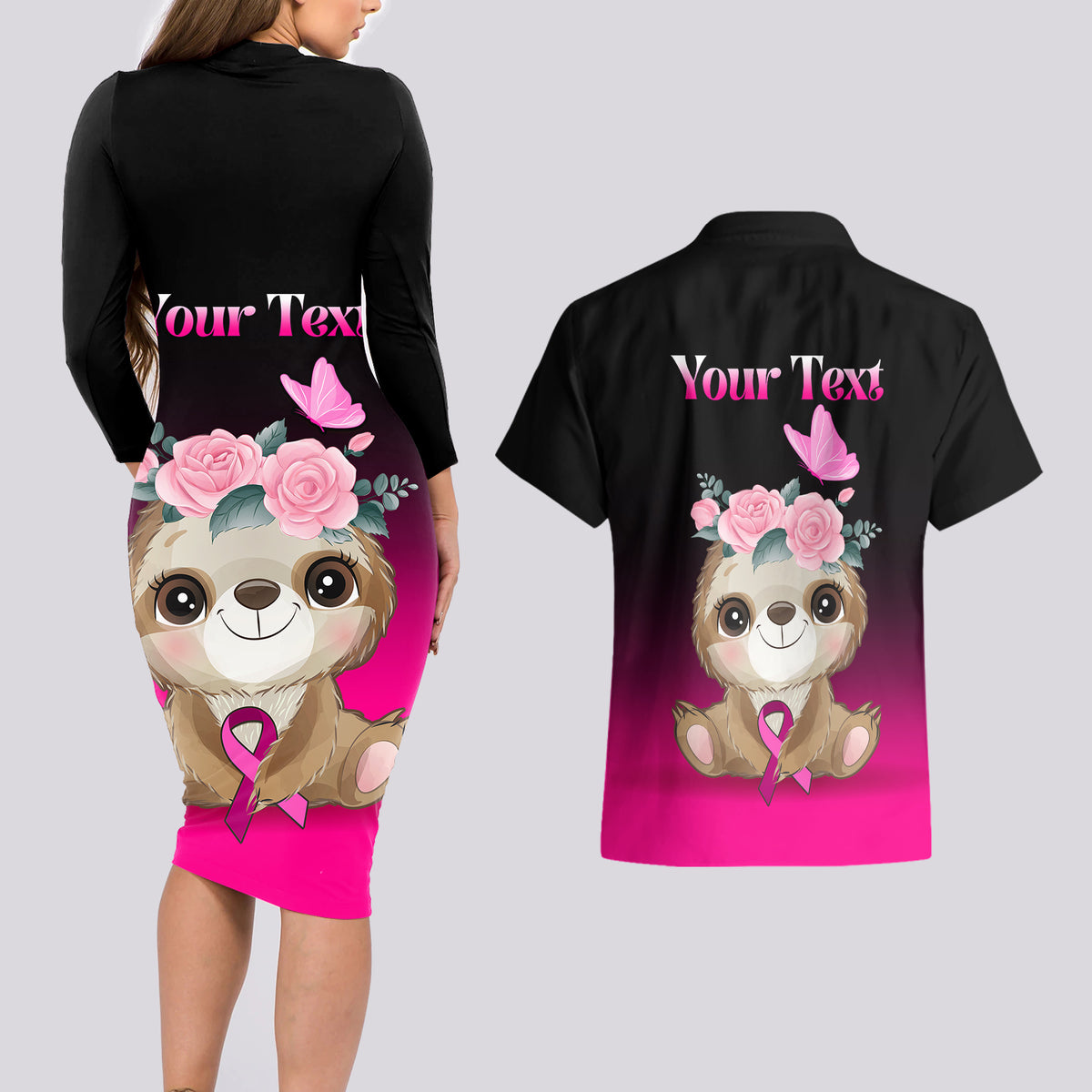 Personalised Hope Love Cure Couples Matching Long Sleeve Bodycon Dress and Hawaiian Shirt Sloth Breast Cancer Awareness - Wonder Print Shop