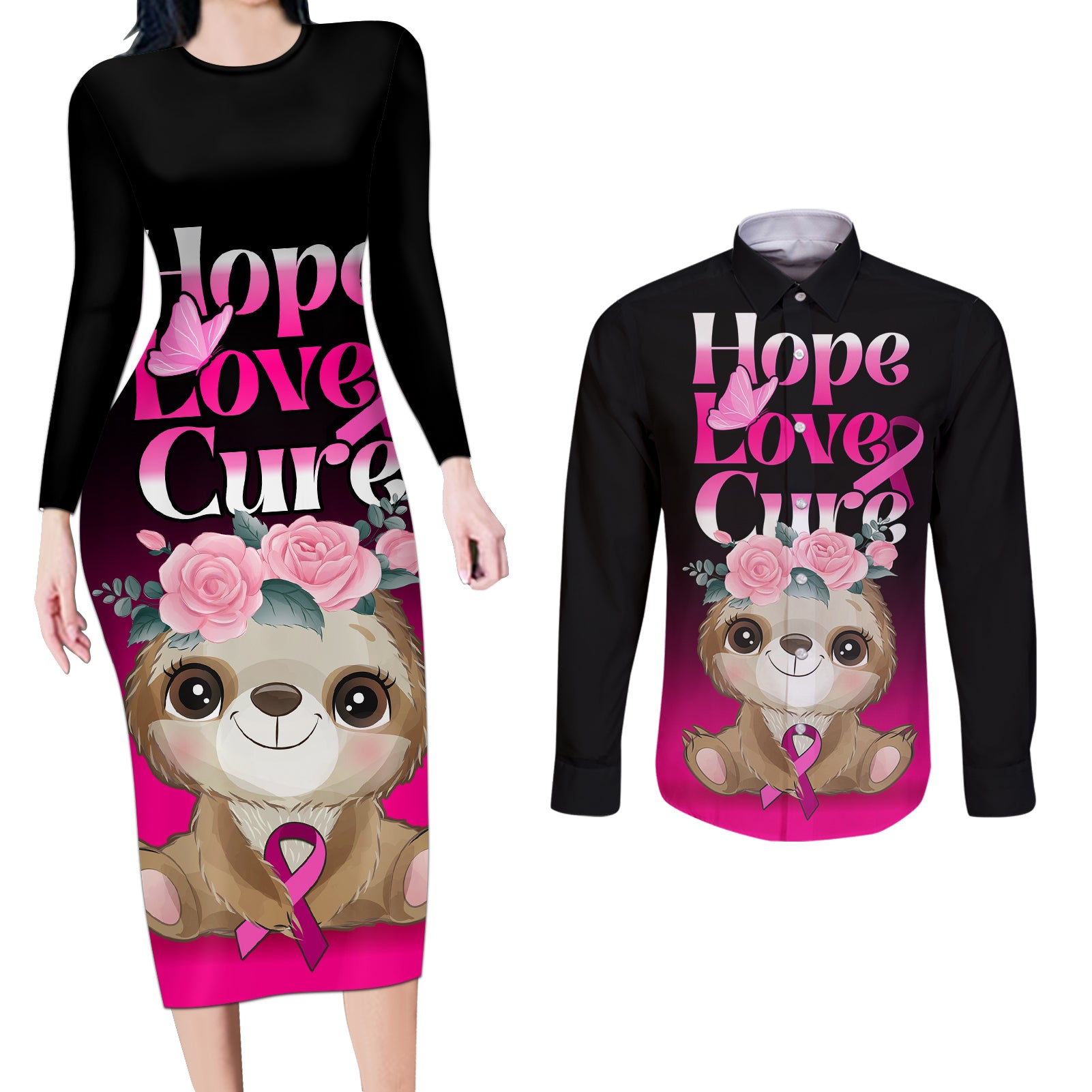 Personalised Hope Love Cure Couples Matching Long Sleeve Bodycon Dress and Long Sleeve Button Shirts Sloth Breast Cancer Awareness - Wonder Print Shop