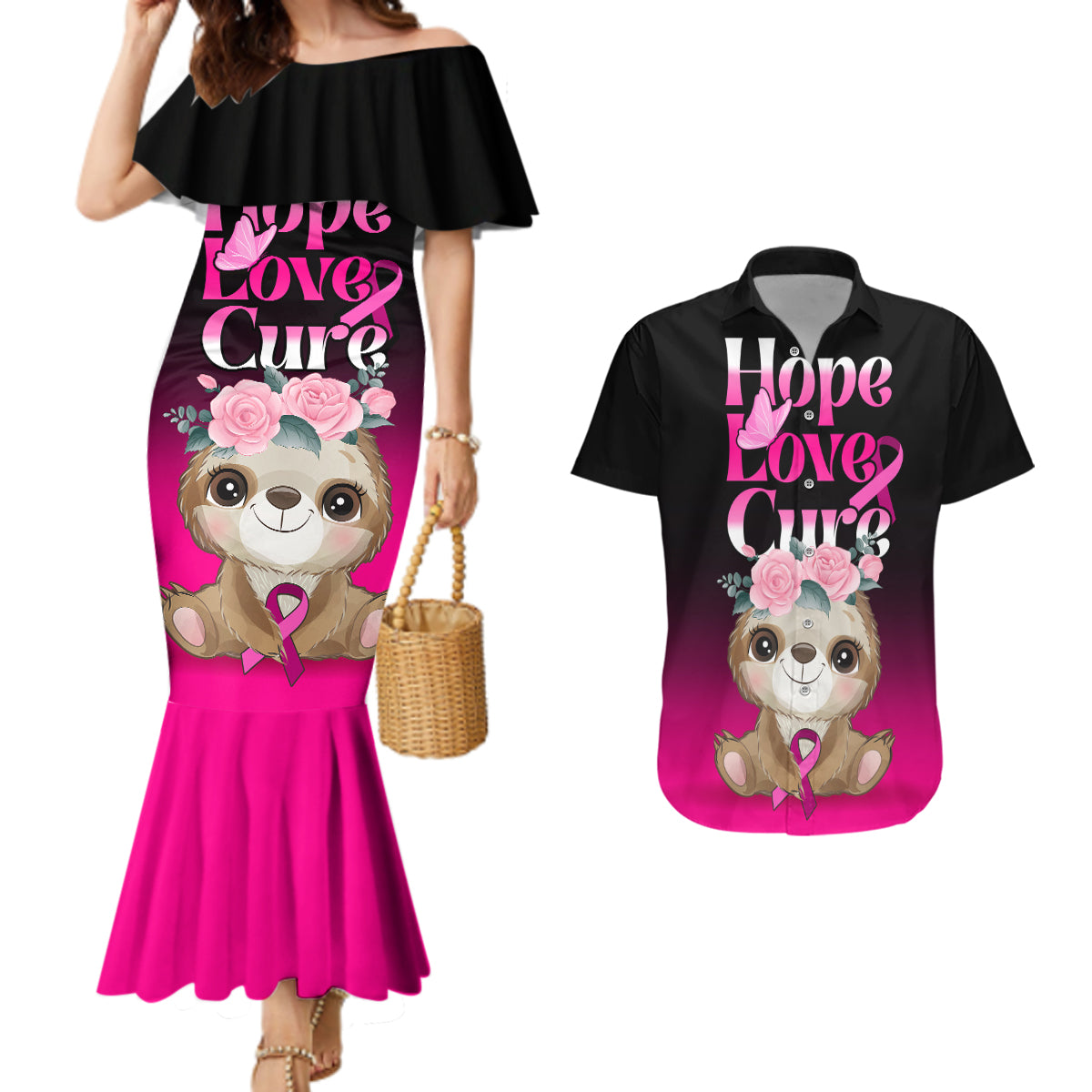 Personalised Hope Love Cure Couples Matching Mermaid Dress and Hawaiian Shirt Sloth Breast Cancer Awareness - Wonder Print Shop