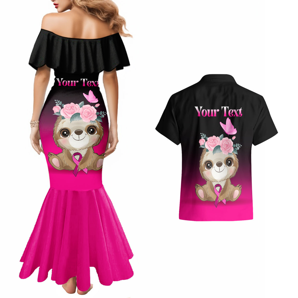 Personalised Hope Love Cure Couples Matching Mermaid Dress and Hawaiian Shirt Sloth Breast Cancer Awareness - Wonder Print Shop