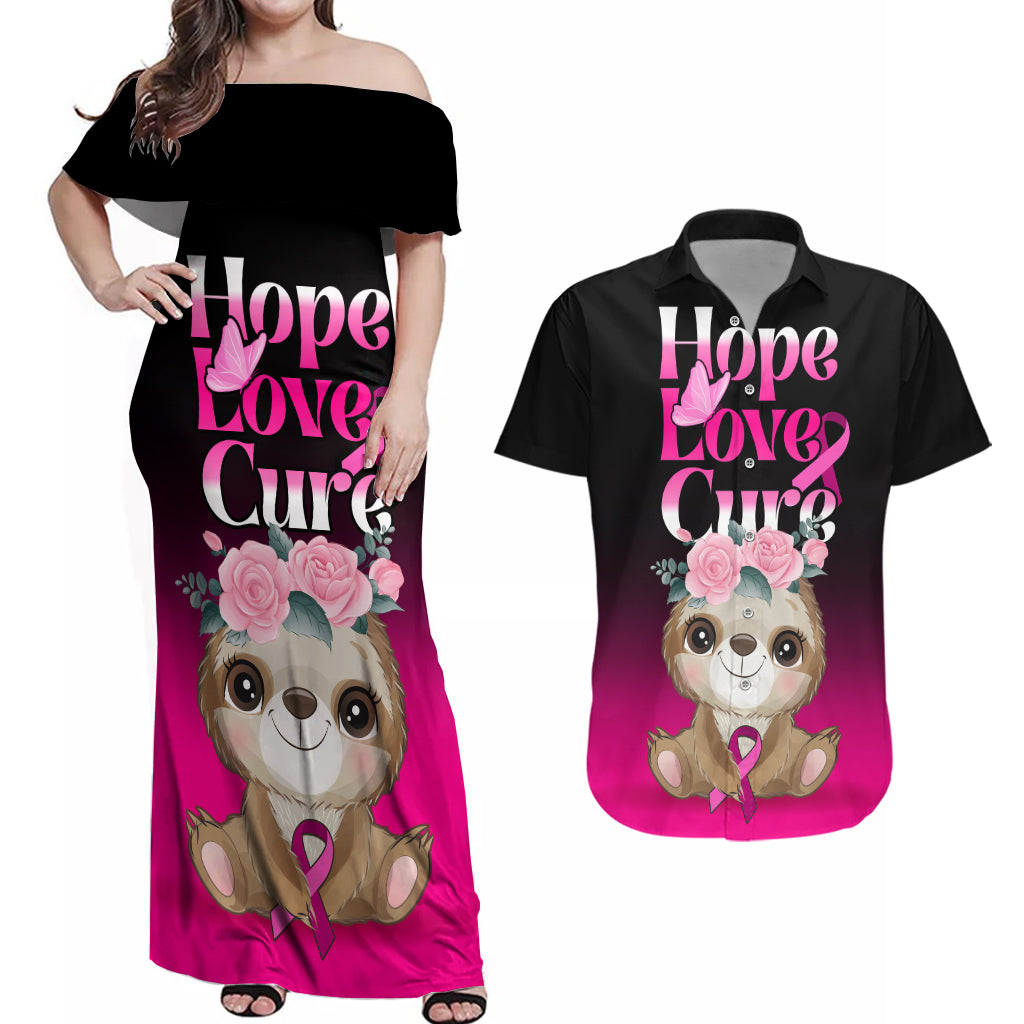 Personalised Hope Love Cure Couples Matching Off Shoulder Maxi Dress and Hawaiian Shirt Sloth Breast Cancer Awareness - Wonder Print Shop