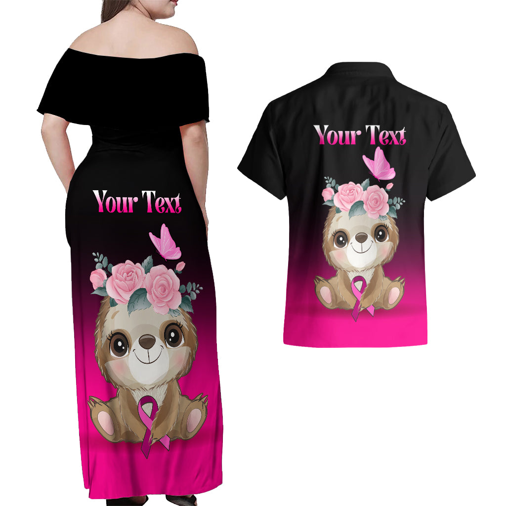 Personalised Hope Love Cure Couples Matching Off Shoulder Maxi Dress and Hawaiian Shirt Sloth Breast Cancer Awareness - Wonder Print Shop