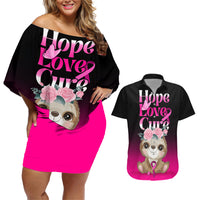 Personalised Hope Love Cure Couples Matching Off Shoulder Short Dress and Hawaiian Shirt Sloth Breast Cancer Awareness - Wonder Print Shop