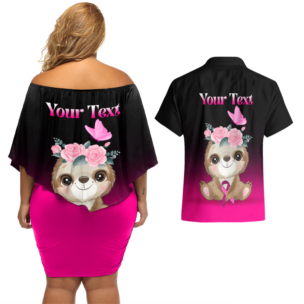 Personalised Hope Love Cure Couples Matching Off Shoulder Short Dress and Hawaiian Shirt Sloth Breast Cancer Awareness - Wonder Print Shop