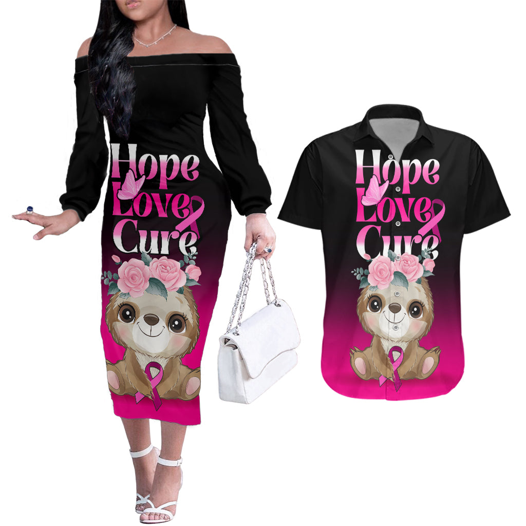 Personalised Hope Love Cure Couples Matching Off The Shoulder Long Sleeve Dress and Hawaiian Shirt Sloth Breast Cancer Awareness - Wonder Print Shop