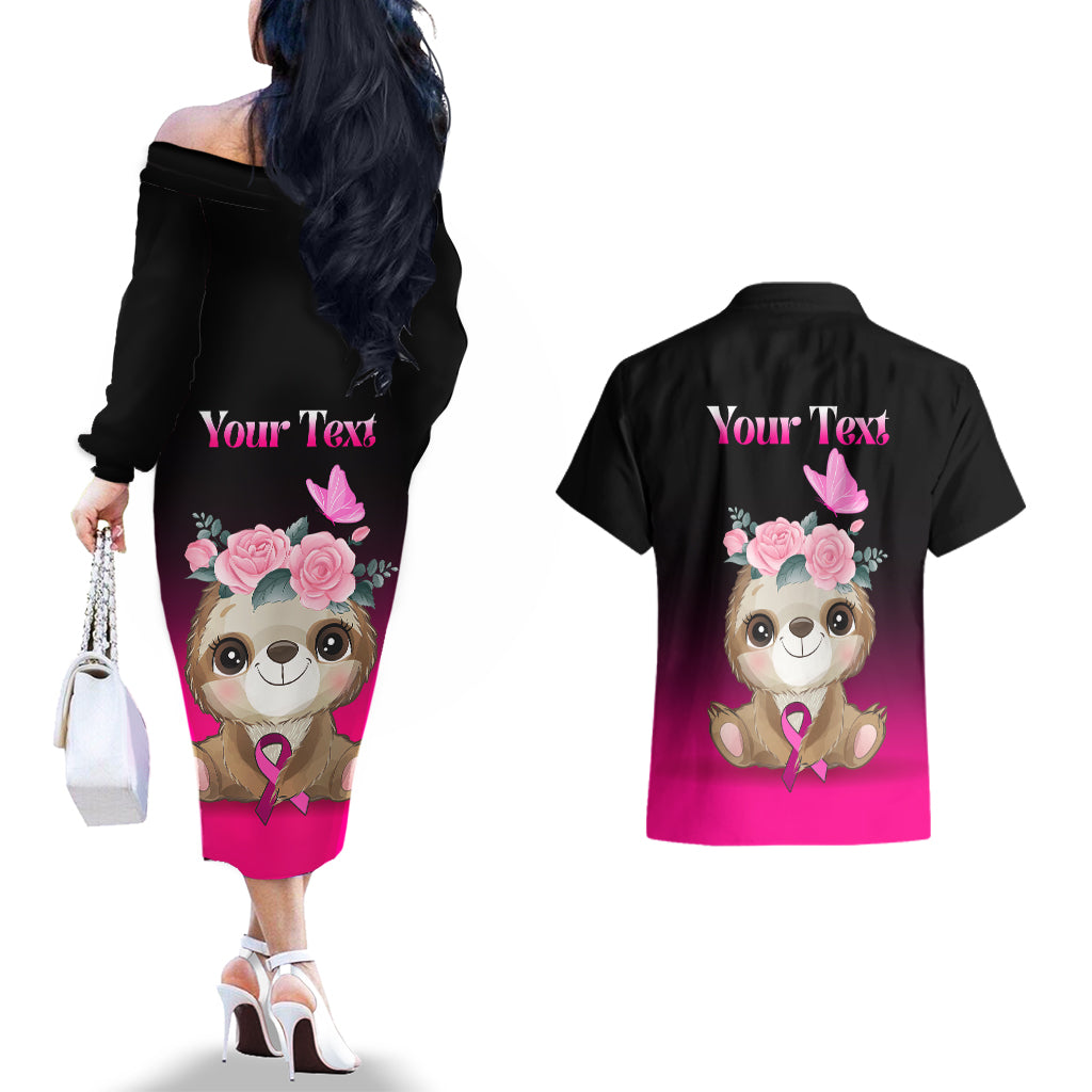 Personalised Hope Love Cure Couples Matching Off The Shoulder Long Sleeve Dress and Hawaiian Shirt Sloth Breast Cancer Awareness - Wonder Print Shop