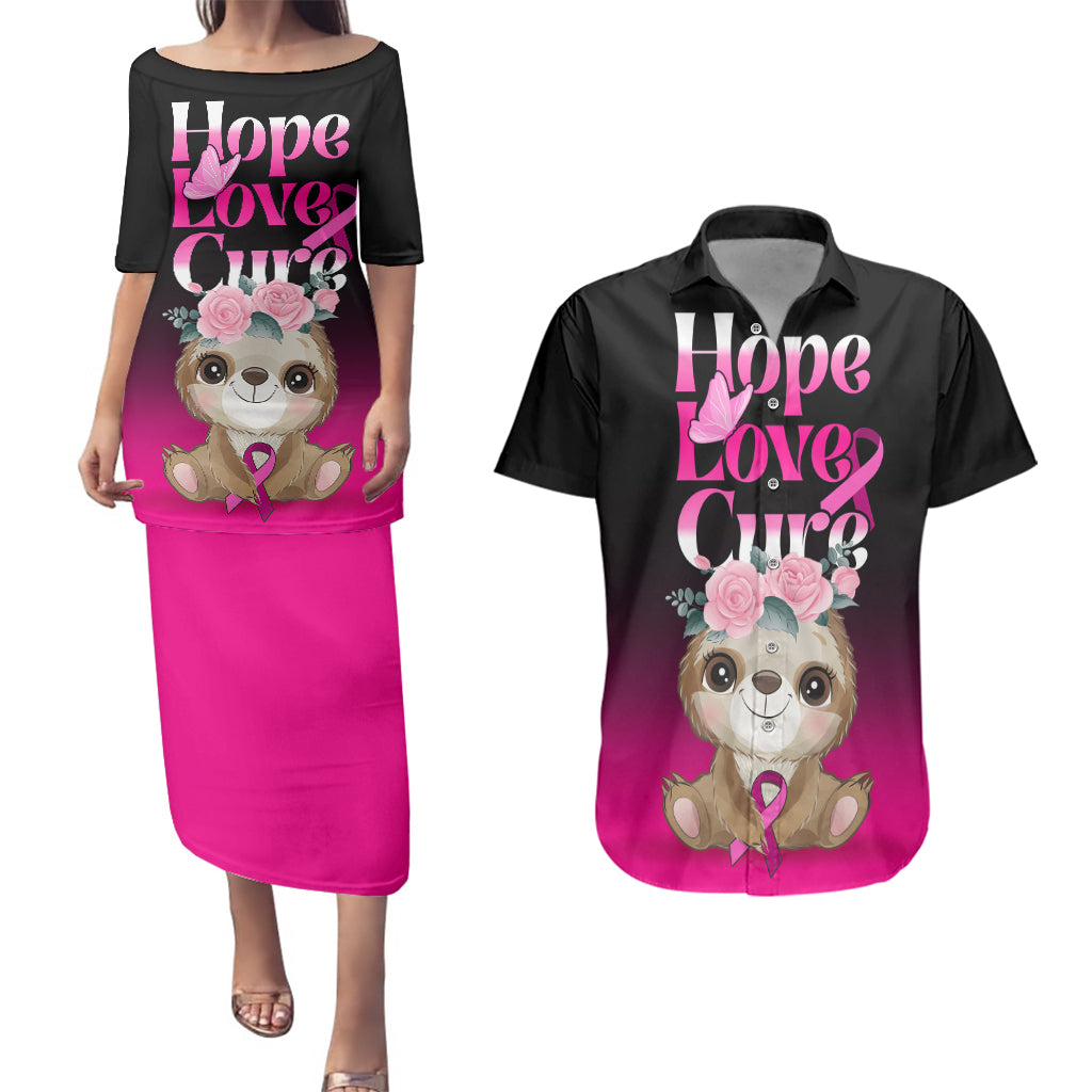 Personalised Hope Love Cure Couples Matching Puletasi Dress and Hawaiian Shirt Sloth Breast Cancer Awareness - Wonder Print Shop
