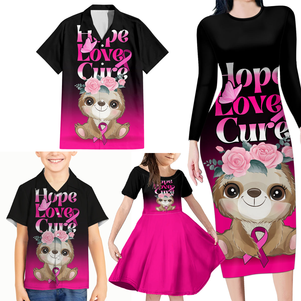 Personalised Hope Love Cure Family Matching Long Sleeve Bodycon Dress and Hawaiian Shirt Sloth Breast Cancer Awareness - Wonder Print Shop