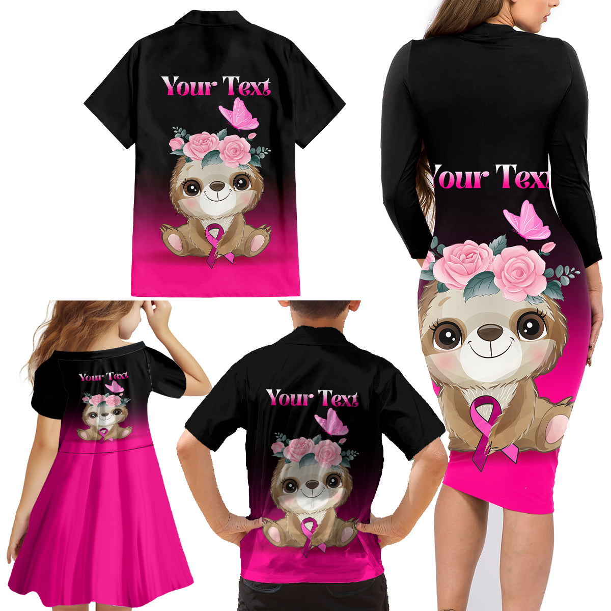 Personalised Hope Love Cure Family Matching Long Sleeve Bodycon Dress and Hawaiian Shirt Sloth Breast Cancer Awareness - Wonder Print Shop