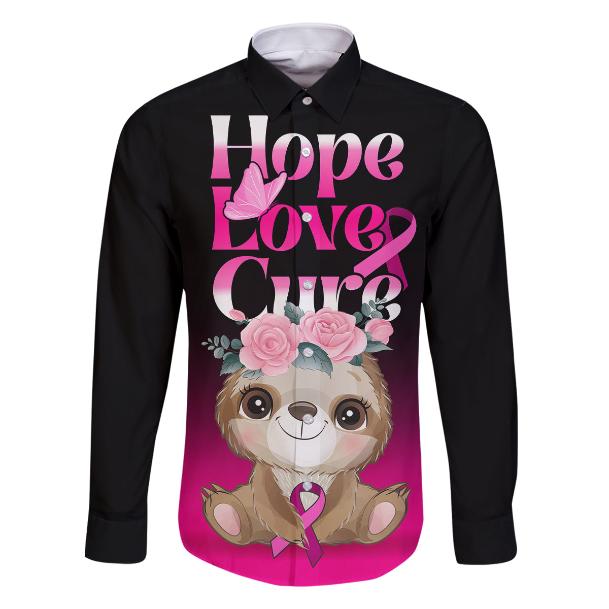 Personalised Hope Love Cure Family Matching Long Sleeve Bodycon Dress and Hawaiian Shirt Sloth Breast Cancer Awareness - Wonder Print Shop