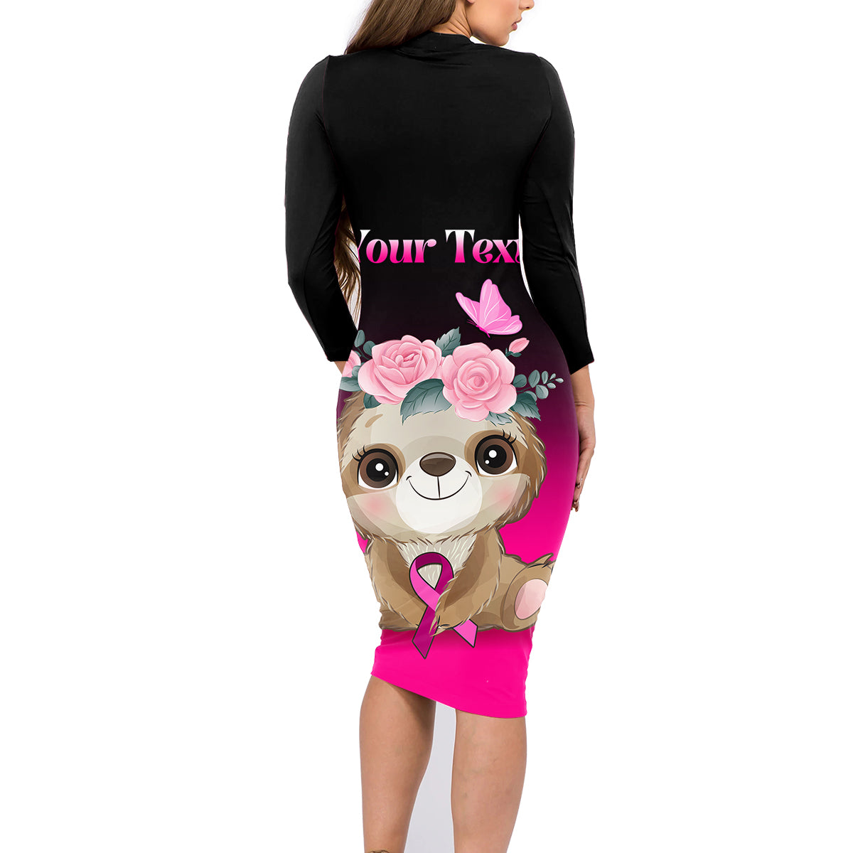 Personalised Hope Love Cure Family Matching Long Sleeve Bodycon Dress and Hawaiian Shirt Sloth Breast Cancer Awareness - Wonder Print Shop