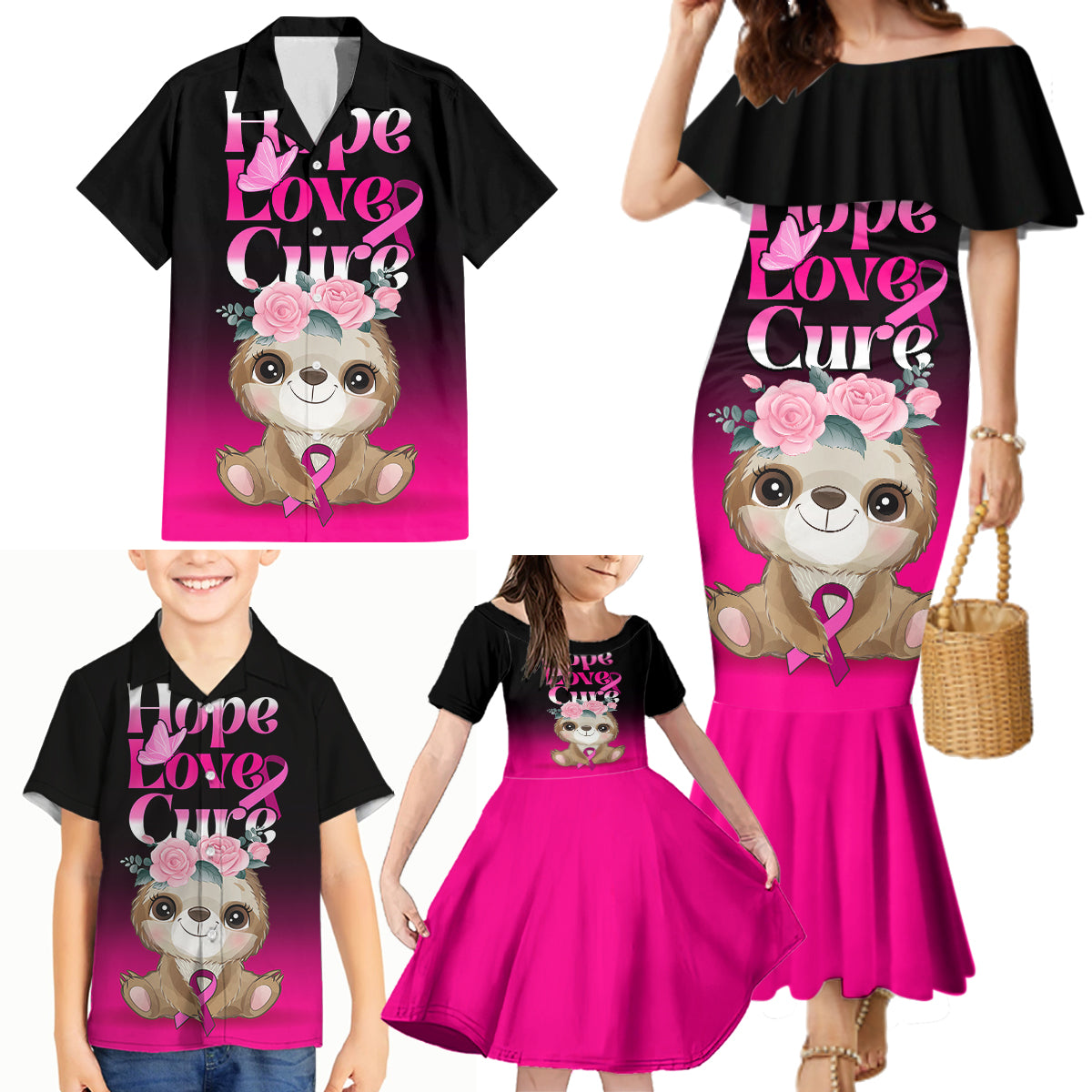 Personalised Hope Love Cure Family Matching Mermaid Dress and Hawaiian Shirt Sloth Breast Cancer Awareness - Wonder Print Shop