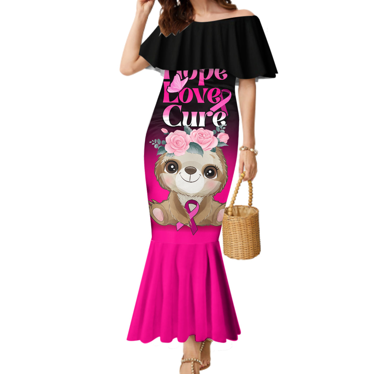 Personalised Hope Love Cure Family Matching Mermaid Dress and Hawaiian Shirt Sloth Breast Cancer Awareness - Wonder Print Shop